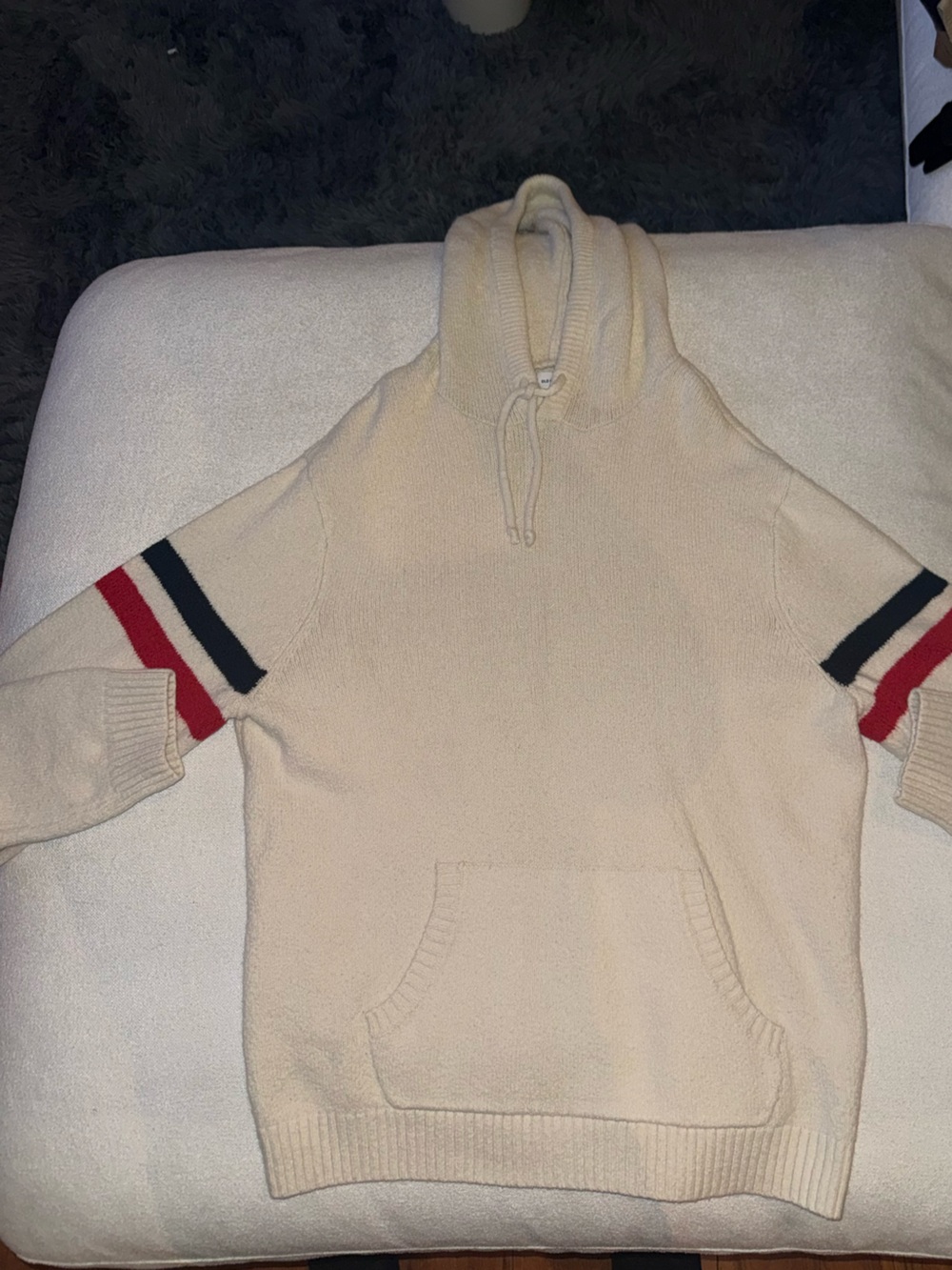 Old Navy Cream Hoodie Sweater with Red & Black Sleeve Stripes
